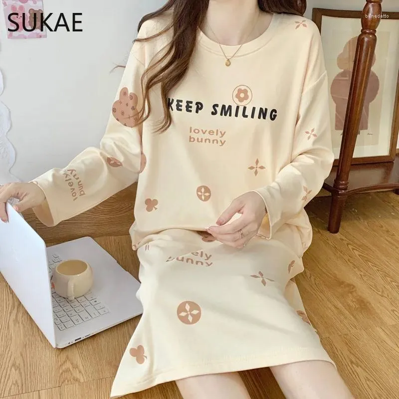 Kvinnors sömnkläder Sukae Spring Autumn Faxu Bomull Women Nightrowns Casual Sleep Tops Long Hermes Sleep -shirt Leisure Girls Cartoon