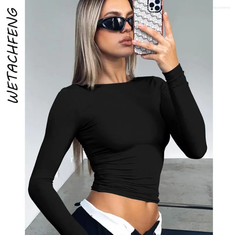 Zwart Sexy Bodycon Skims Shirts Vrouwen Harajuku Lange Mouw o Hals Base Tees Tops Zomer Solid Skinny Zacht Ademend kleding 175