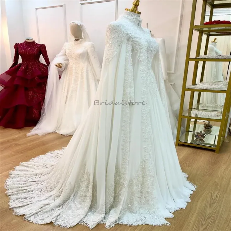 Prinzessin Muslim Islamisches Hochzeitskleid 2024 Elegantes Dubai Arabisch Landstil Brautkleider Applikationen Spitze Korsett Kirche Brautkleid Applikationen Robe De Mariage Chic