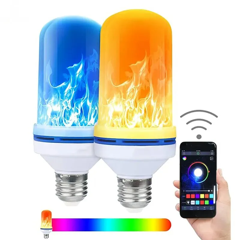 Ulepszone RGB LED Flame Effect Fire Bulbs 4 Tryby Wiele kolorów E27 Halloween świąteczne ozdobne lekkie atmosfera lekka aplikacja telefonu