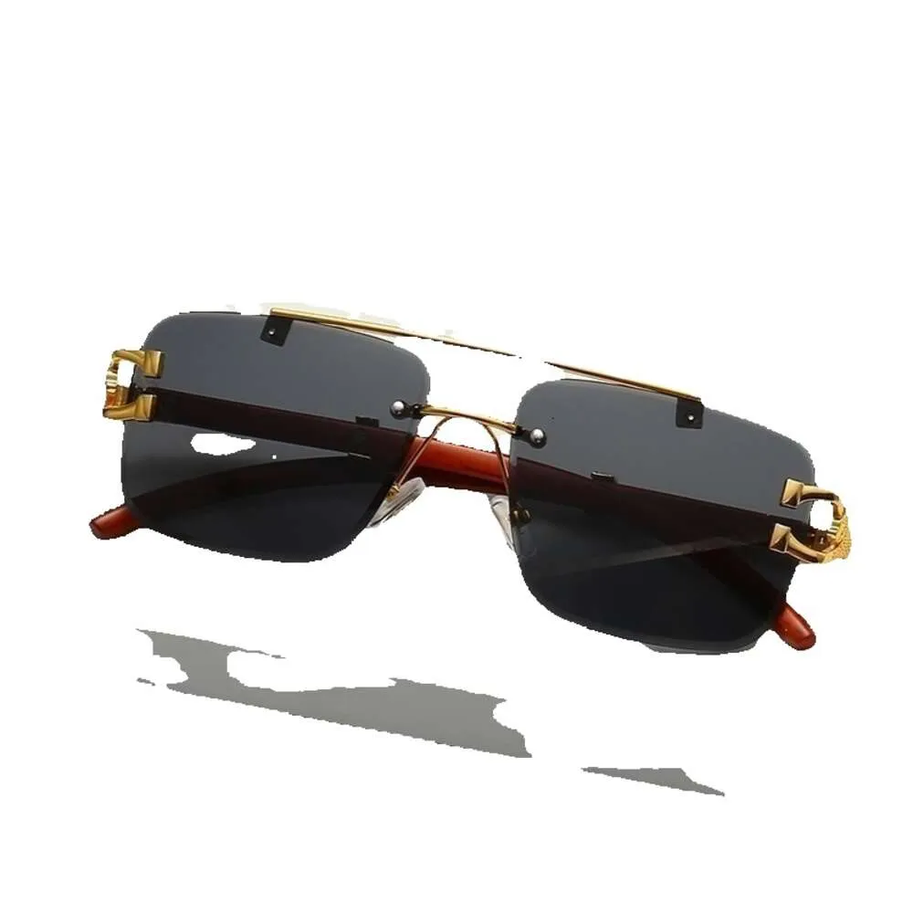 2023 novos óculos de lente oceano com cabeça de leopardo sem moldura, óculos de sol com caixa de feixe duplo masculino, linha anti-roxa