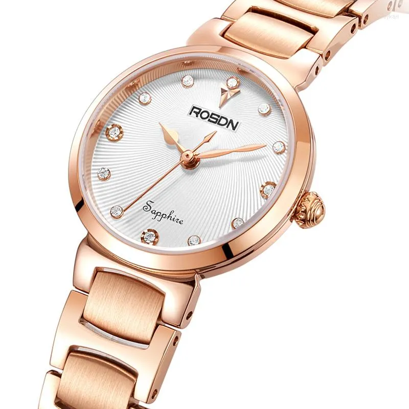 Начатые часы Rosdn Женские часы Япония Miyota Quartz Движение Sapphire 50m водонепроницаемые бриллианты 7-мм ультратонкие часы R3655