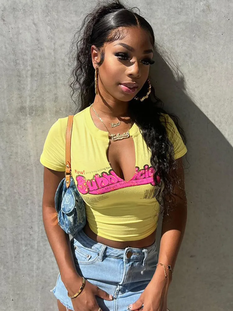 Women's T-Shirt Sifreyr Letter Print Sexy Baby Tees Women Summer Crops Tops V Neck Short Sleeve Fashion Streetwear Y2K Yellow Casual T-shirts 230425