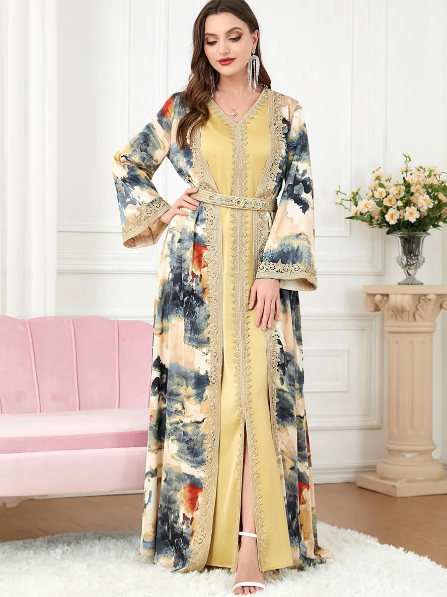 Etnische kleding Marokko Moslim feestjurk Abaya Dames 2 -delige set Islamitische jurken Belt borduurwerk Kaftan Vestidos Maxi Abayas Elegant Caftan 230426