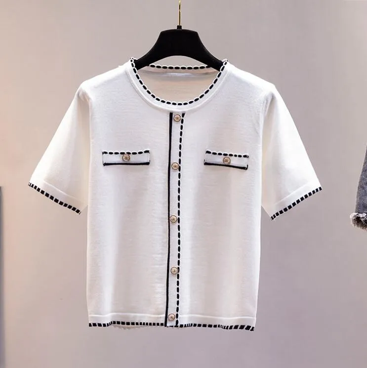 klassisches weißes Designer-T-Shirt für Damen, Sommer, Kurzarm, Damen, Eisseide, gestrickt, T-Shirt