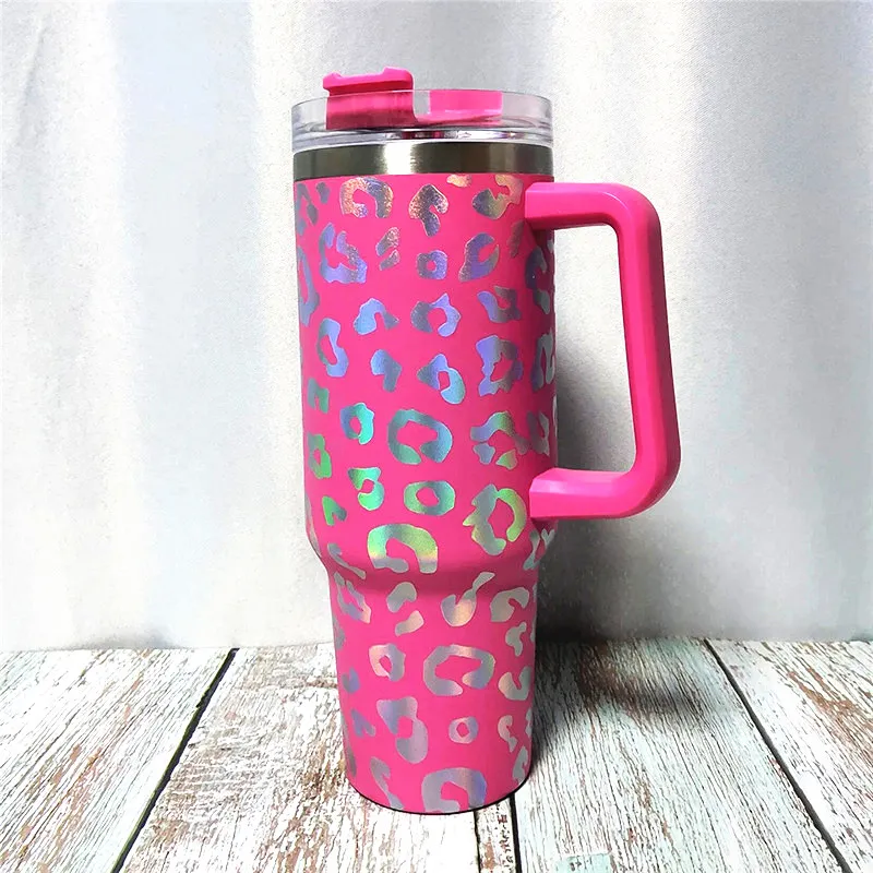 UV Leopard 40oz Handle Tumblers 1200ml Stainless Steel Water Bottles Colorful Drinking Cups Double Wall Insulated Tumbler A12