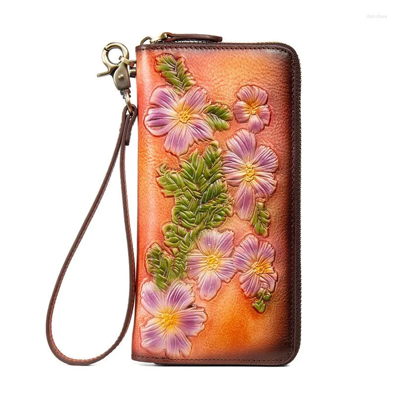 Wallets Women Natural Skin Long Wallet Money Handy Bag ID Card Holder Embossed Floral Genuine Leather Zipper Clutch Wrist Bags Purse