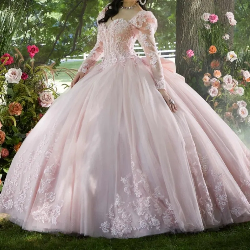 Rosa älskling quinceanera klänning långa ärmar applique spetspärlor svep tåg söt 15 fest klänning klänning kläder de soiree 15