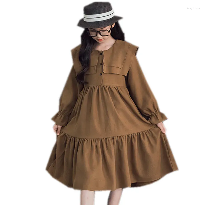 Vestidos para niñas, niñas, Otoño Invierno, color café liso, vestido de poliéster con capas negras, de 6 a 16 años, moda para niños, informal con volantes