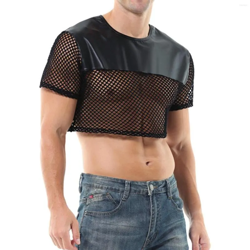T-shirts pour hommes Sexy Hommes Crop Tops T-shirts Élégant Camiseta Manches courtes Patchwork Voir à travers Streetwear Nightclub Vêtements 2023