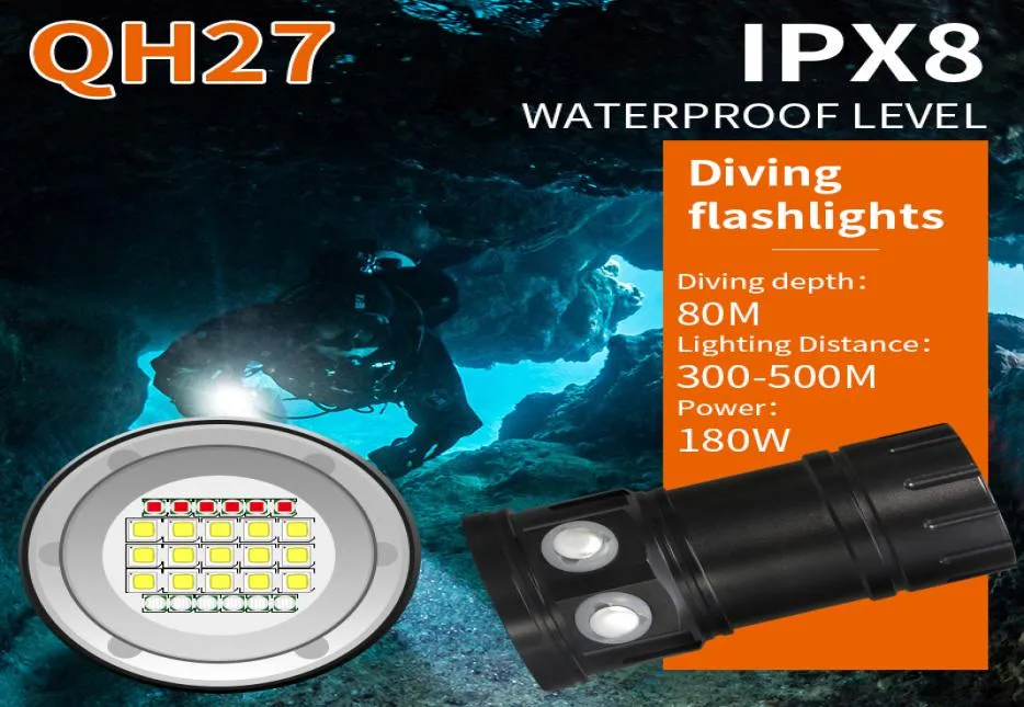 QH27 180 W 18000LM IPX8 sous-marine 80 M professionnel LED lampe de poche de plongée torche Po photographie vidéo remplir Light9658376
