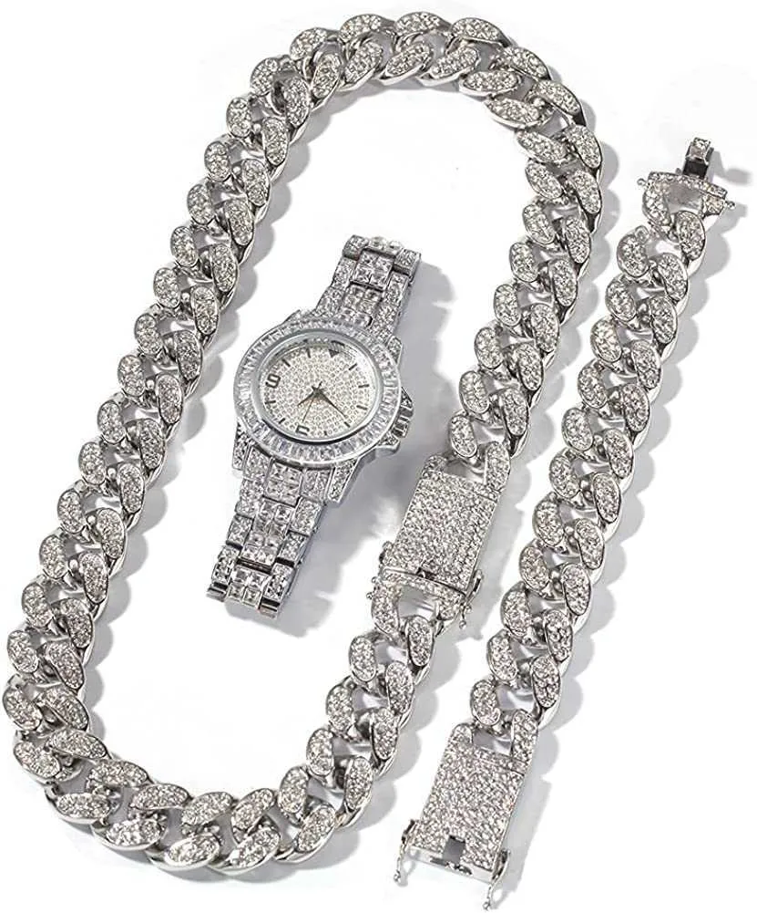 Moca Jewelry Ensemble de 3 pièces pour homme avec collier, bracelet et montre style hip hop brillant avec strass en cristal et strass, chaîne cubaine plaquée or 18 carats de 20 mm de large