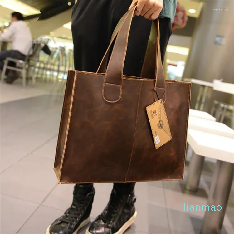 Evening Bags Men's Vintage Handbag Crazy Horse Leather Shoulder Business Office Man Messenger Solid Large Capacity Tote Male Brown