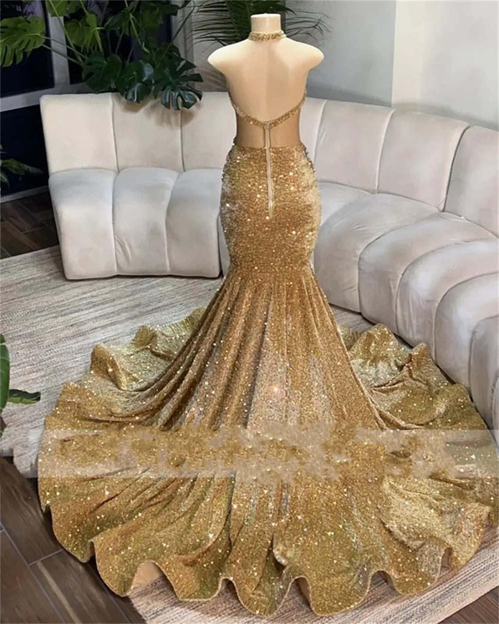 gold sequin halter prom dress V-Neck Sequin Halter Prom Gown: Colors Dress 3863 Gold / 0