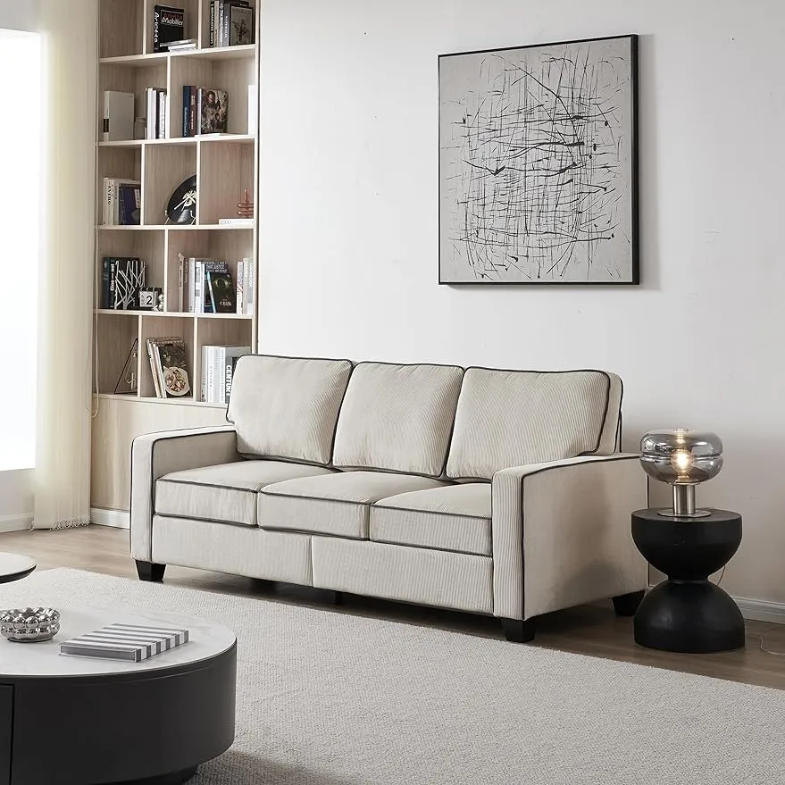 Emkk set tyg modern 3-sits soffa soffa för vardagsrum, 81 "W klädda kärleksmöbler för kompakt litet utrymme, lägenhet, sovrum, sovsal, kontor, 3 sittplats, e-beige