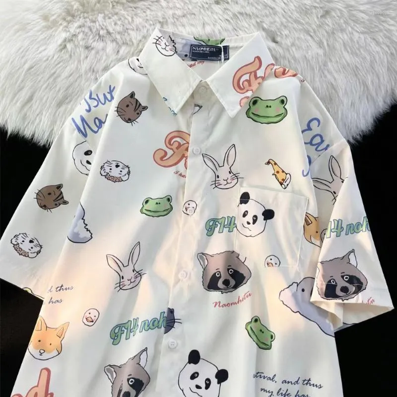 Women's Blouses Japanese Cute Polo Shirt Loose Button Up Women Blouse Tops Mujer Short Sleeve Cartoon Animal Head Full Print Korean Summer
