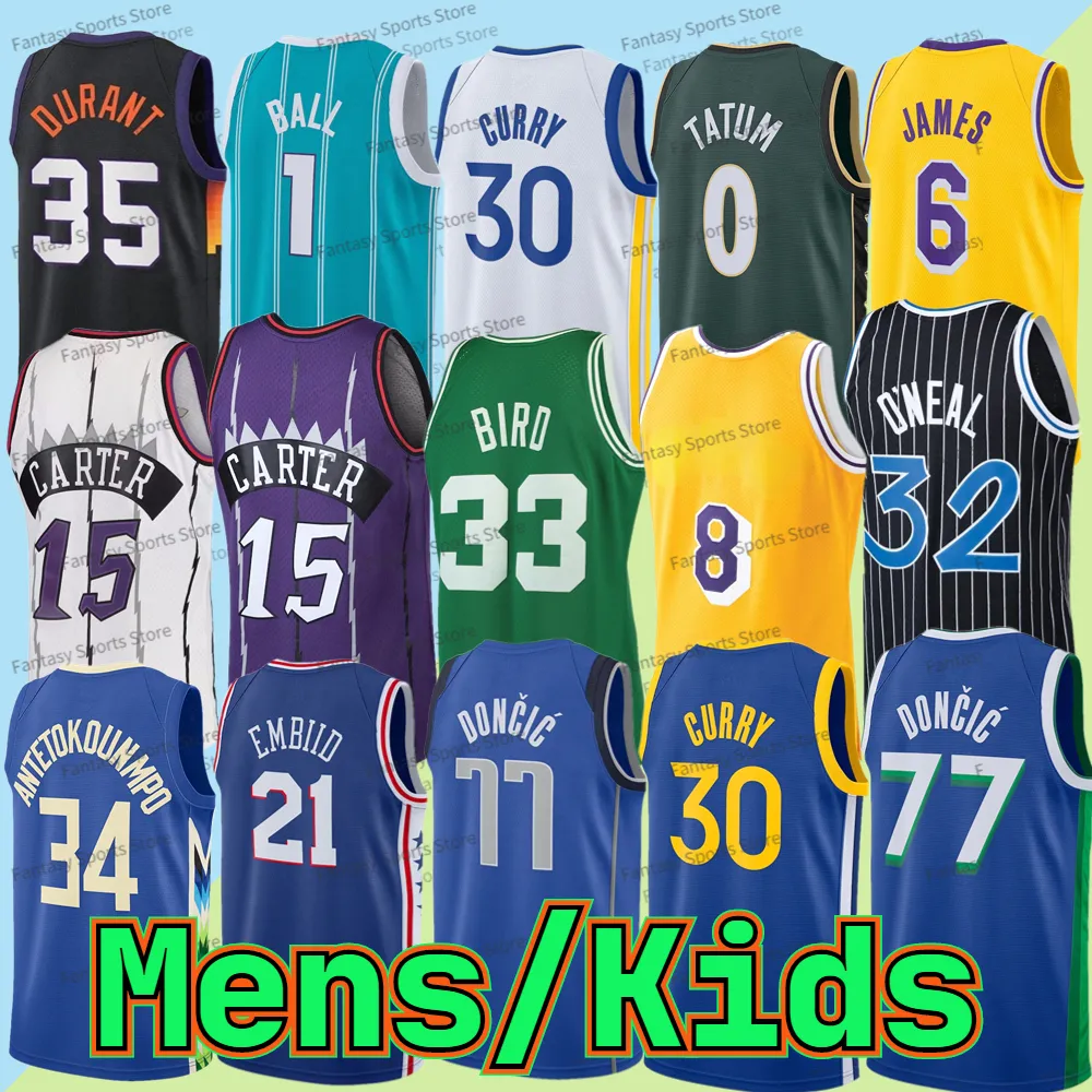 6 James Stephen 30 Curry Doncic Basketball Men Kids Jersey Tatum Giannis Embiid 32 Shaquille Oneal 33 Larry Bird 15 Vince Carter Camisas transpirables Jóvenes