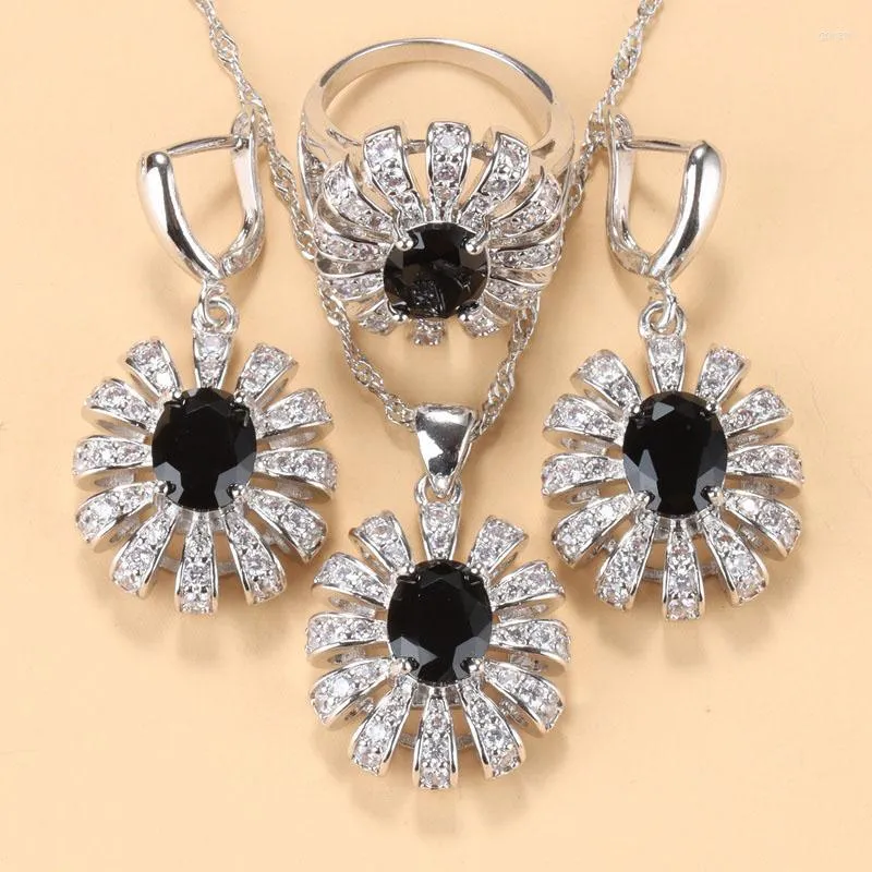 Collier boucles d'oreilles ensemble grande fleur accessoires pierre noire femmes mode couleur argent pendentif anneau et ensembles