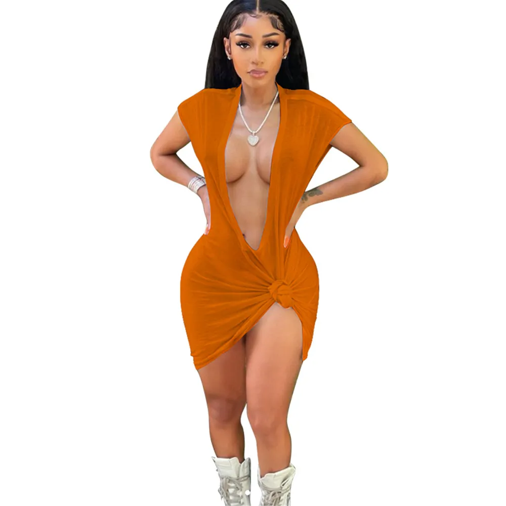 Novo designer bonito vestidos de verão mulheres manga curta decote em v profundo bodycon vestido sólido magro mini vestido noite clube usar roupas a granel 9794