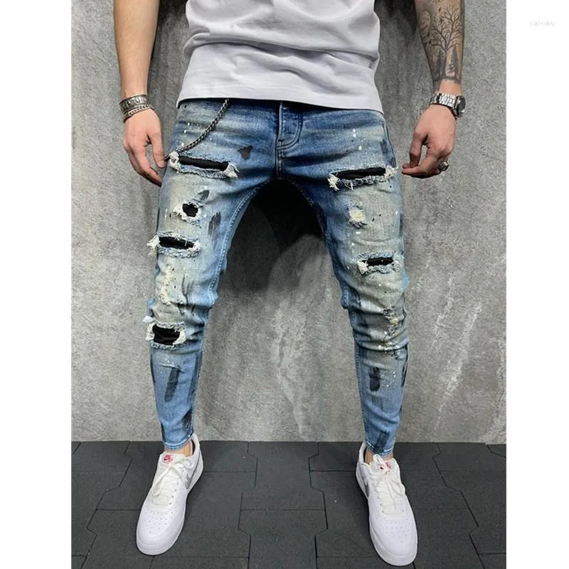 Jeans pour hommes Hommes 2023 Skinny Peint Stretch Slim Fit Ripped Distressed Plissé Genou Patch Denim Pantalon Marque Moto Casual Pantalon