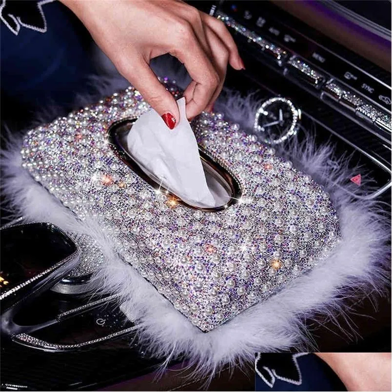 Car Tissue Box Luxury Pearls Crystal Diamond Block Type Boxes Holder For Women Paper Towel Er Case Styling 2103262597 Drop Delivery Dh98N