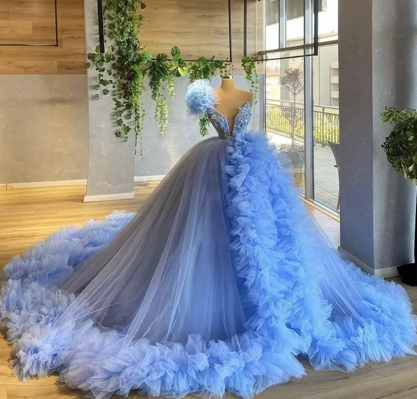 Bleu ciel princesse Quinceanera robe 2023 col en V paillettes paillettes perles fleurs volants fête douce 16 robe Vestidos De 15 Anos robes de bal