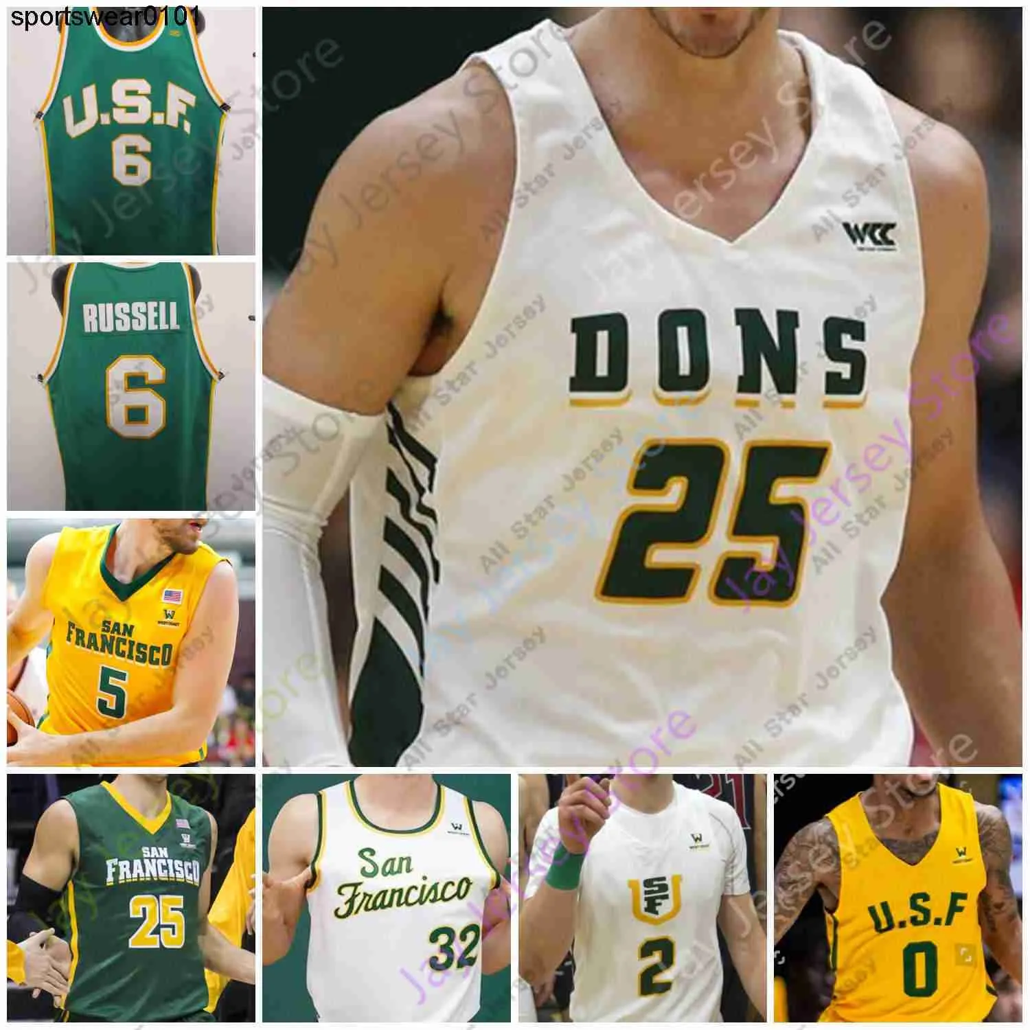 Maillots de basket-ball San Francisco Usf Dons Maillot de basket-ball Ncaa College Phil Smith Charles Minlend Jamaree Bouyea Lull Shabazz Ratinho