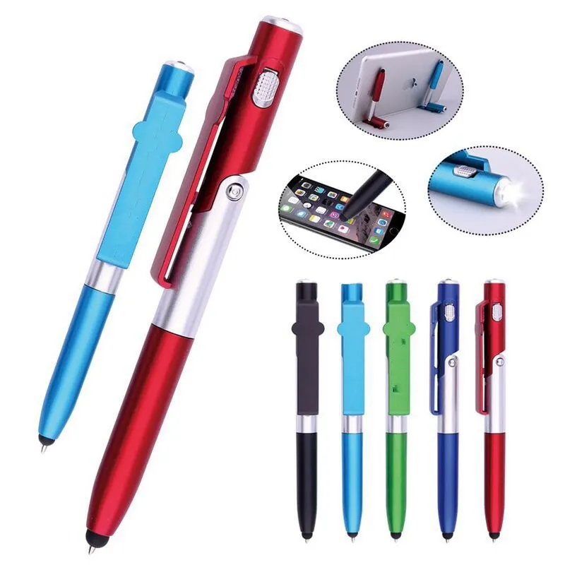 Stylo à bille multifonction 4 en 1, pliable, lumière LED, support de téléphone portable, écran tactile capacitif, stylos à bille pour téléphone portable