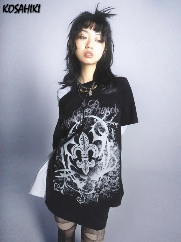 Maglietta da donna KOSAHIKI Kaus Bahu Terbuka Wanita Lengan Pendek Jalanan Hip Hop Goth Kasual Harajuku Grunge Y2k Atasan Cetak Vintage 2023 230427