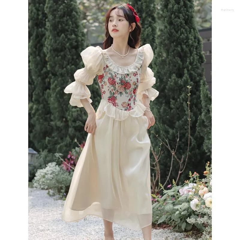 Casual Dresses French Vintage Print Chiffon Dress Women Square Collar Elegant Party Midi Female Puff Sleeve Korea Fairy Autumn 2023