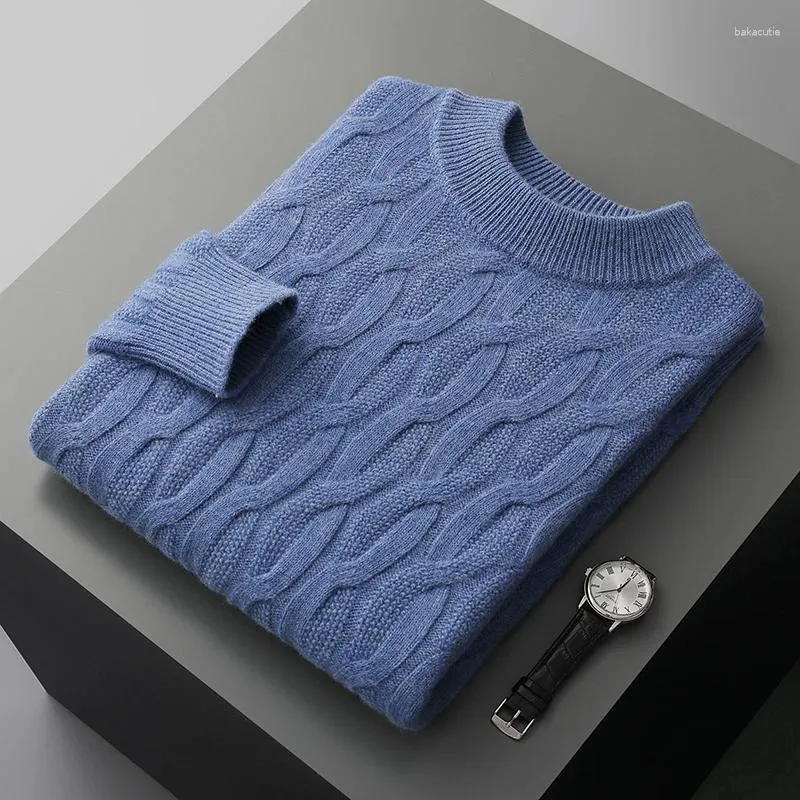 Mens Thick Wool Cashmere Sweater With Semi High Neck And Twisted