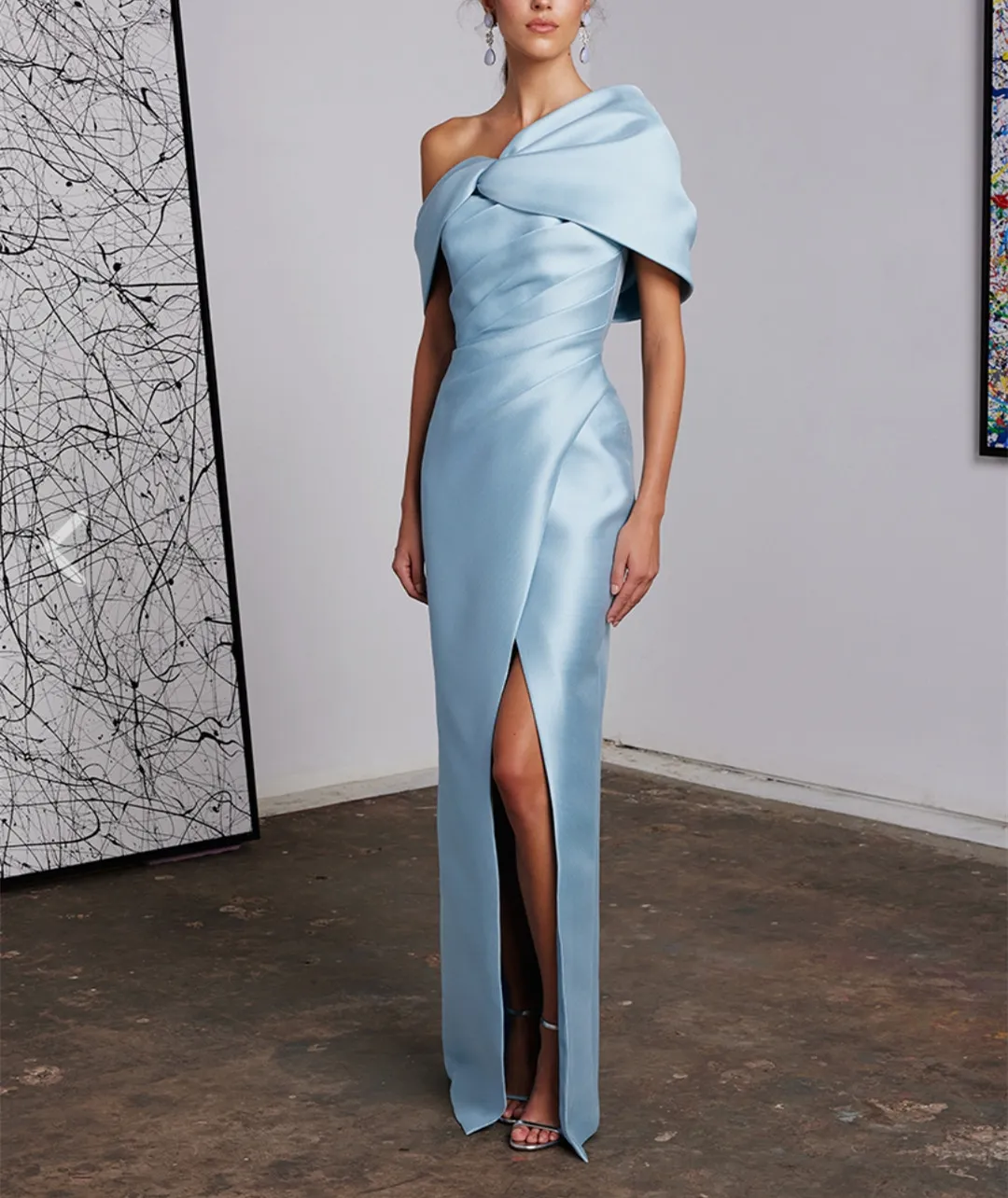 Vintage Long Blue Satin Prom -klänningar med slits mantel från axelgolvet längd festklänning maxi formella aftonklänningar för kvinnor