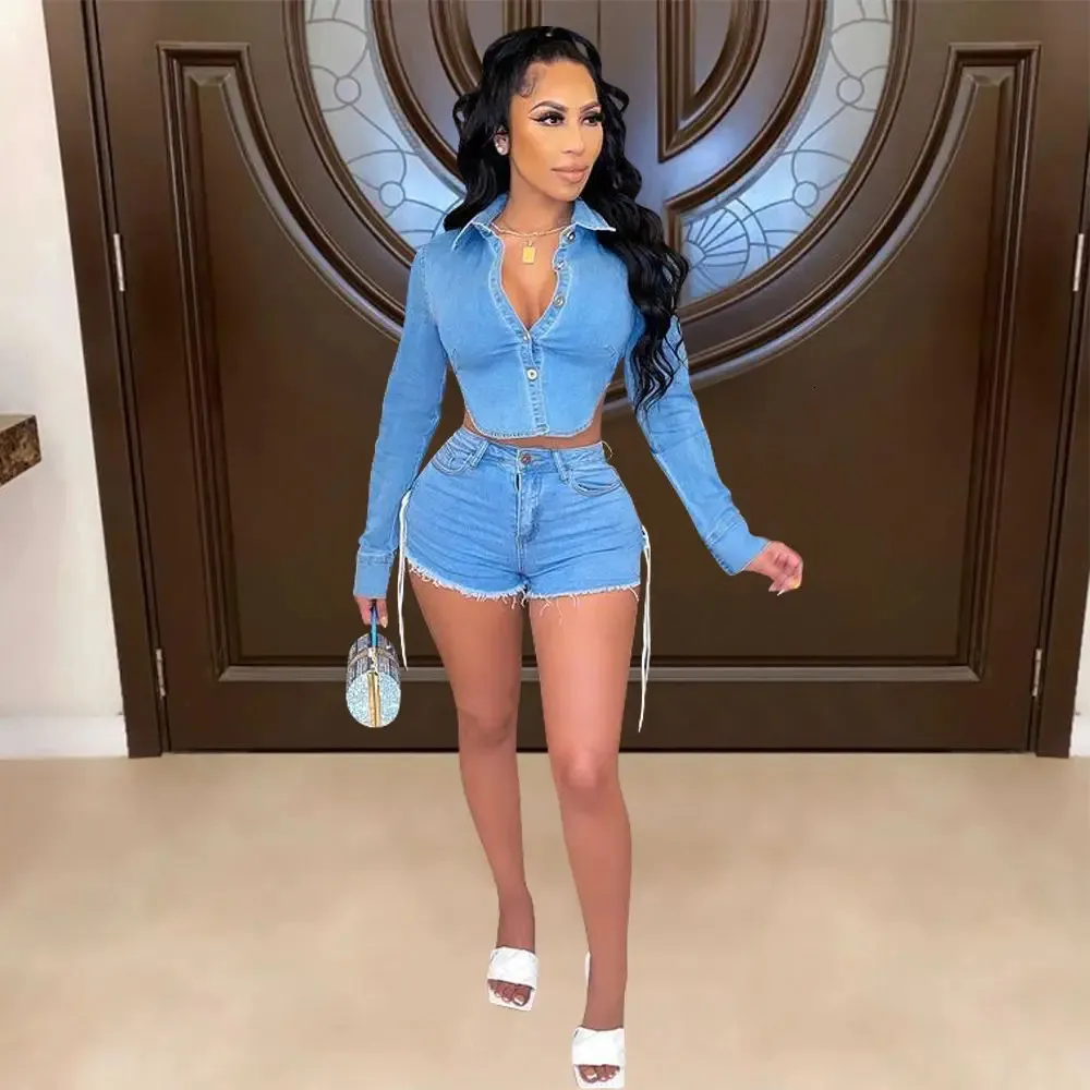 Denim Jean Short Suit Set 2 Piece Casual Stretch Shorts Outfit for Women