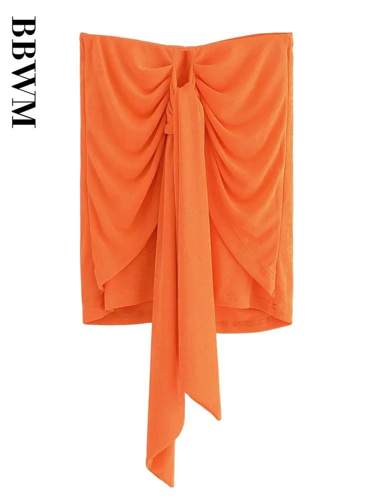 Kleider Frauen 2022 Sommer Orange Einfarbig Gestrickte Röcke Mode Vintage Mädchen Casual Chic Weibliche Gestrickte Polyester Röcke