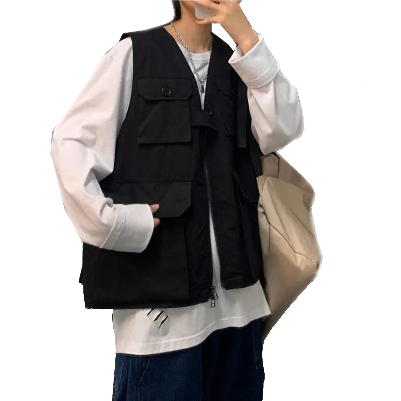 2021 Spring Summer Mens Fashion Tooling Vest Homme Streetwear Sleeveless Jacket Gilet Thin Multi-Pocket Outdoors Tactical Coat