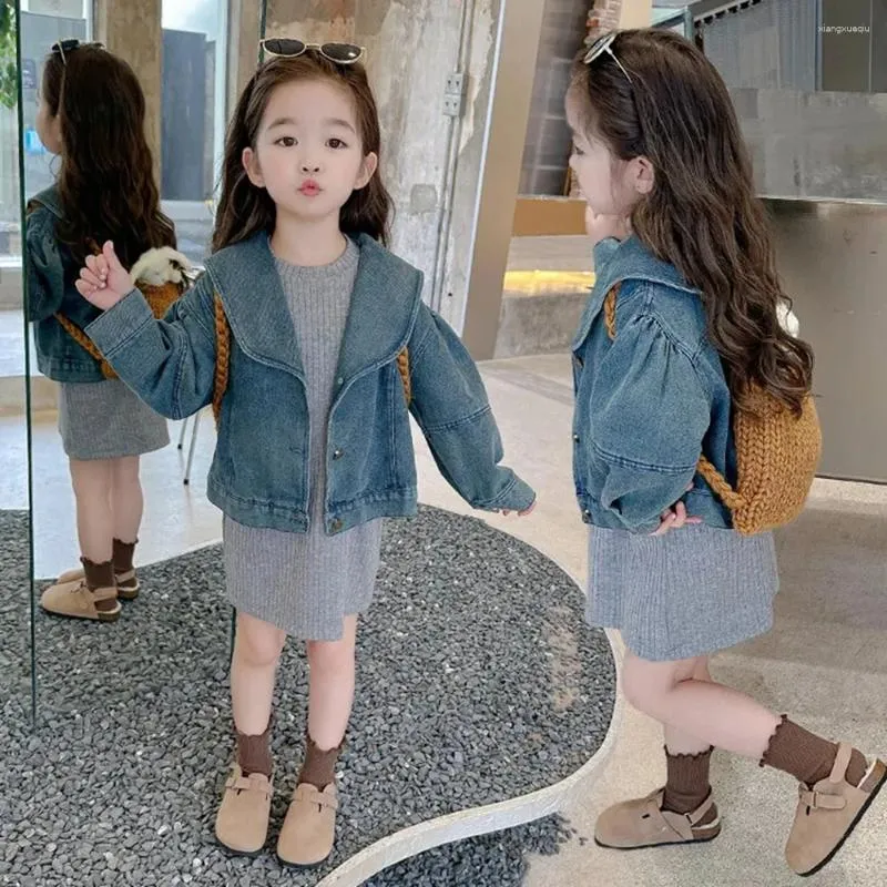 Jackor 2-8 år barn denim för flickor söt mjuk blå jean outwear coat småbarn baby höstjacka barn kläder 3 4 5 6 7