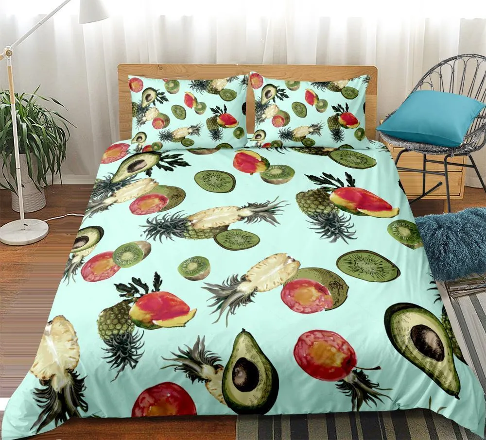 Bedding sets 3pcs Summer Fruits Duvet Cover Set Kids Pineapple Kiwifruit Bedding Set Green Background Home Textiles 230427