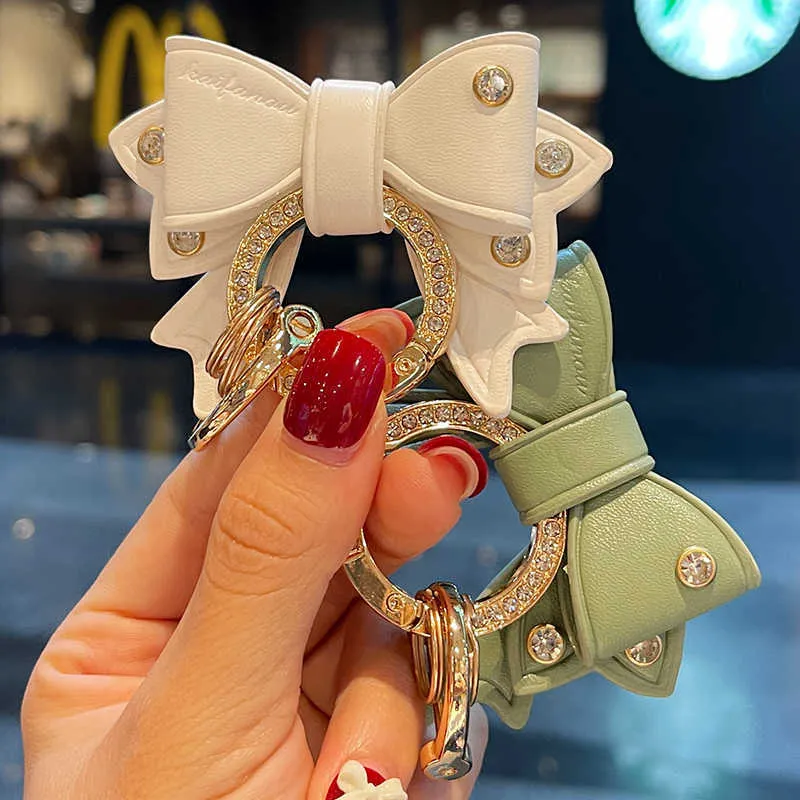 Key Rings Car Keyring Gold Rhinestone Metal Ring Leather Bow Cute ...