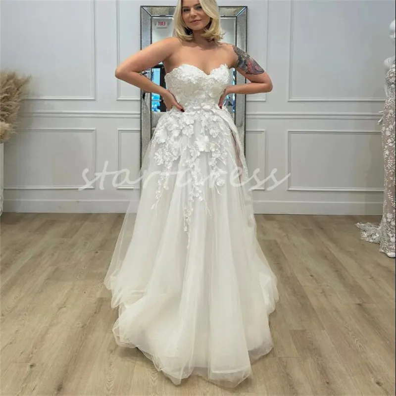 Reinweißes 3D-Blumen-Boho-Hochzeitskleid, herzförmiger, rustikaler Landhausstil, Strandbrautkleid 2024, Reißverschluss, Sweep-Zug, Vestidos de Novia, böhmisches britisches Brautkleid