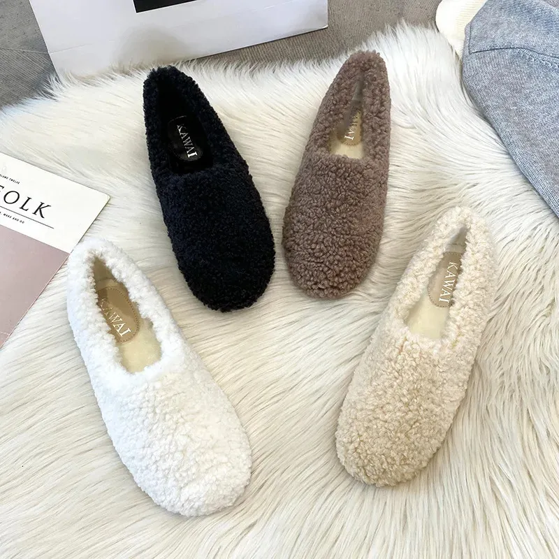 Dress Shoes Luxury Lambwool Moccasins Femme Winter Cotton Shoe Warm Plush Loafers Comfy Curly Sheep Fur Flats Woman Large Size 4043 231127