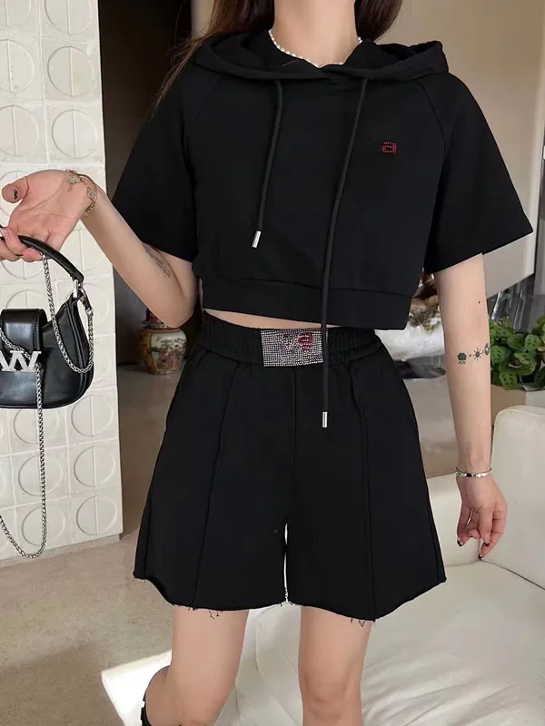 Women's Designer Two Piece Pants Set Summer Casual Women Tracksuits Suit Short Sleeve Hoodie Elastic Shorts With Sweat Suit In Black Grey