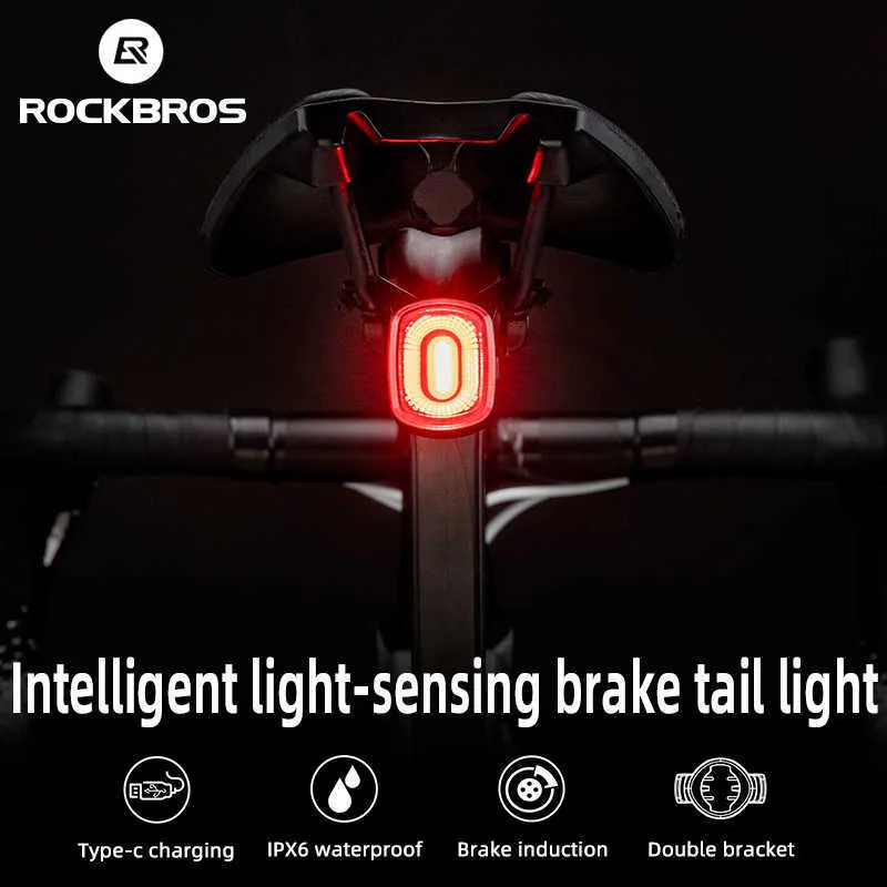 Cykelbelysning Rockbros Smart Bicycle Brake Light IPX6 TAILLight Type-C Bike Tail Baklig Ljus Auto Stop LED-varning Säkerhetscykling Ljus P230427