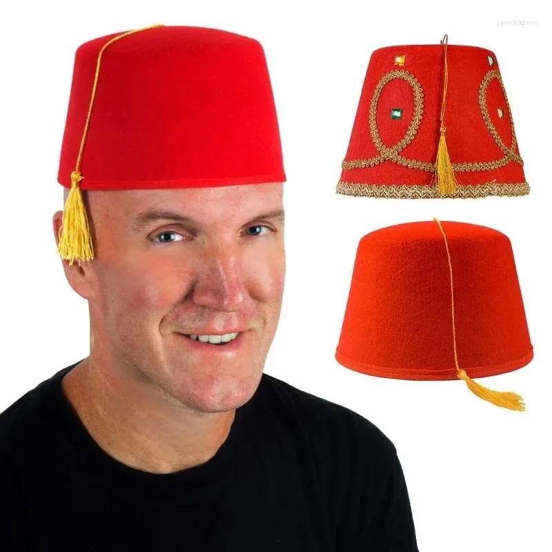 Berets Exótico Chapéu Turco Marroquino Headwear com Guarnição de Ouro Preto Borlas Fez Egípcio Único Headpiece