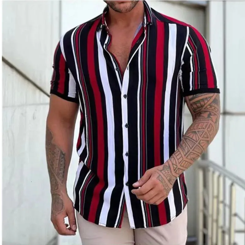 Chemises décontractées pour hommes Chemise pour hommes mode rayures imprimer t-shirts à manches courtes chemise d'été hommes col rabattu bouton blouse décontractée vêtements pour hommes 231124