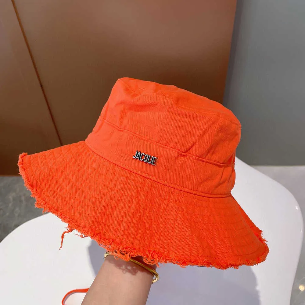 Designer Frayed Orange Bucket Hat For Women Wide Brim Bob Cap For