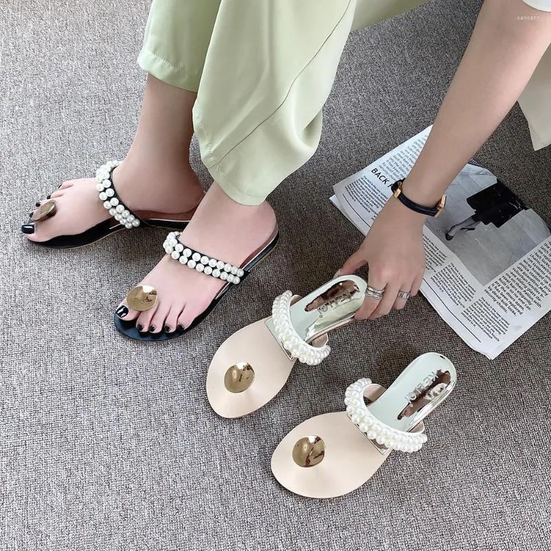 Slippers Casual Women Clip Toe Summer Outside Slides Flat Low Heels White Black Pearl Chain Beach Shoes Woman Size 35-39