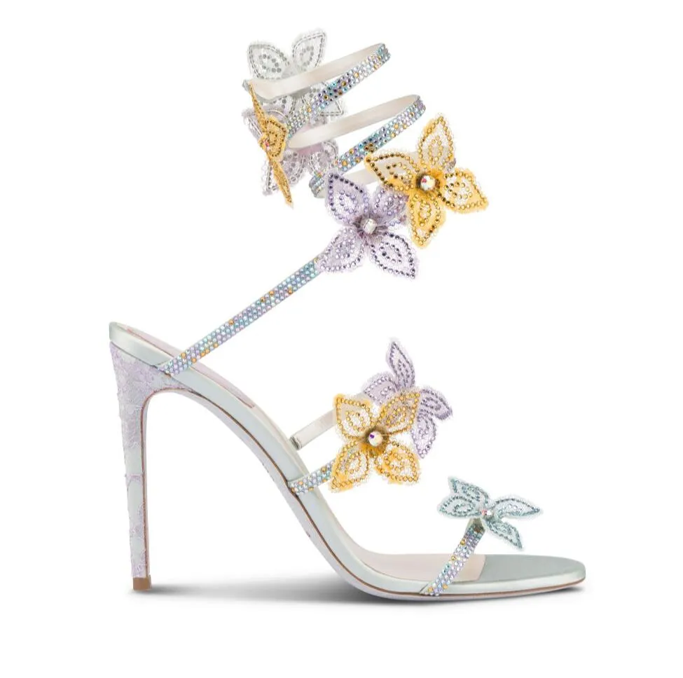 Luxury Brand Renescaovilla Flowers Floriane Sandals Shoes Butterflower Crystal Women High Heels Spiral Wraps Strap Lady Gladiator Sandalias EU35-43