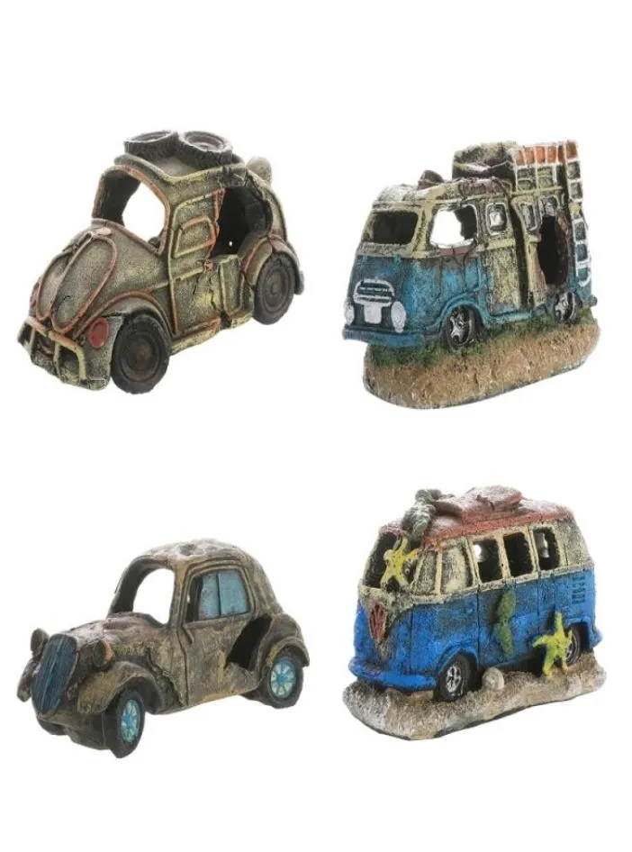 Fish Tank Decoration Aquarium Hideaway Broken Vehicle House with Cave Resin Wreck Car Ornament Landscaping Accessories 2203264110133