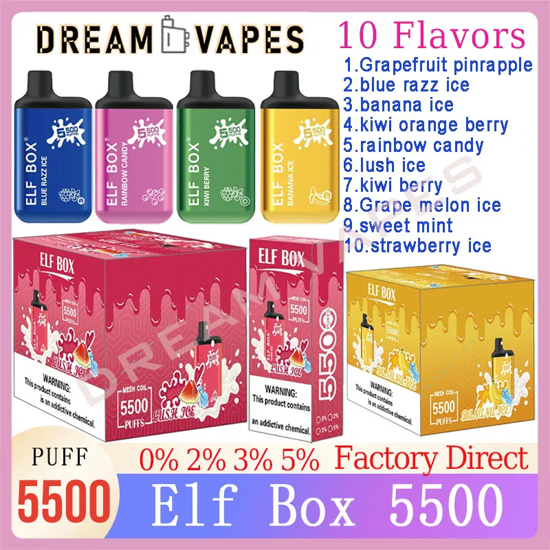 Original Elf Box 5500 Puff Disposable E Cigaretter POD 1,2HM MESH COL 13ML POD Batteris uppladdningsbar Vape Pen 0% 2% 3% 5% i Shock Kit