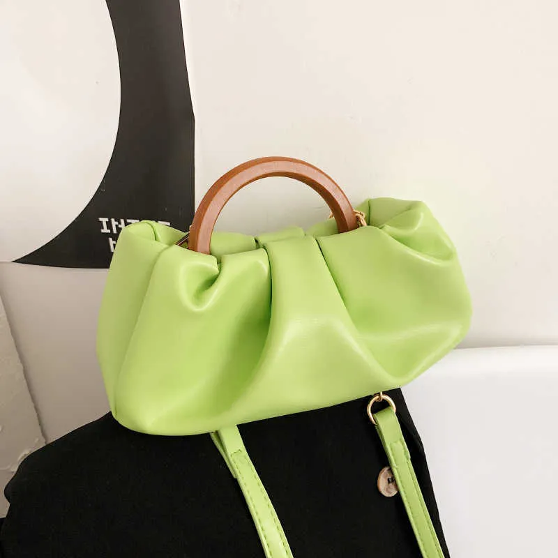 Totes 2022 New Wooden Handle Handbag for Women Pleated Cloud Bags Luxury PU Shoulder Bag Designer Purses Crossbody Bag Cute Satchel